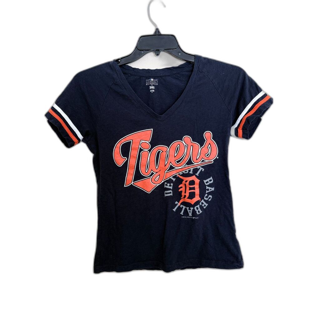 Detroit Tigers Women's V-Neck Sparkle T-Shirt Navy Blue Orange MLB Medium